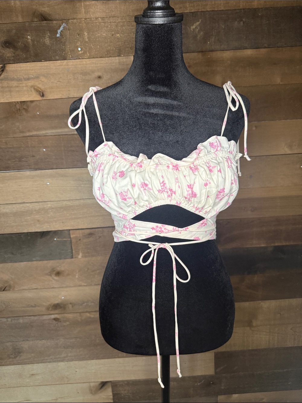 Cotton Candy Cream Bandeau with Pink Floral Tie-Front